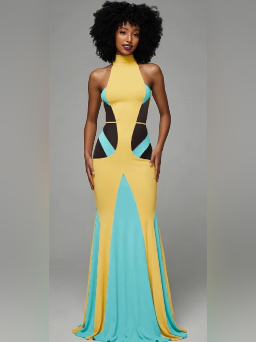 Colorblock Yellow and Aqua Halter Maxi Dress